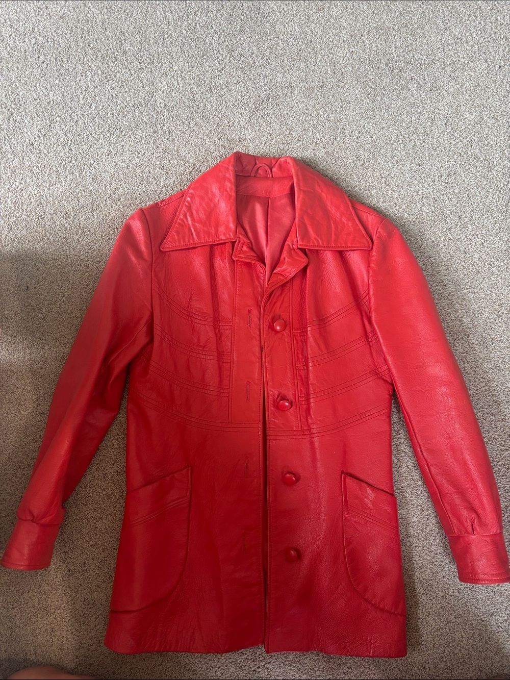 Vintage vibrant orange-y red long leather Button-Front Women's Jacket